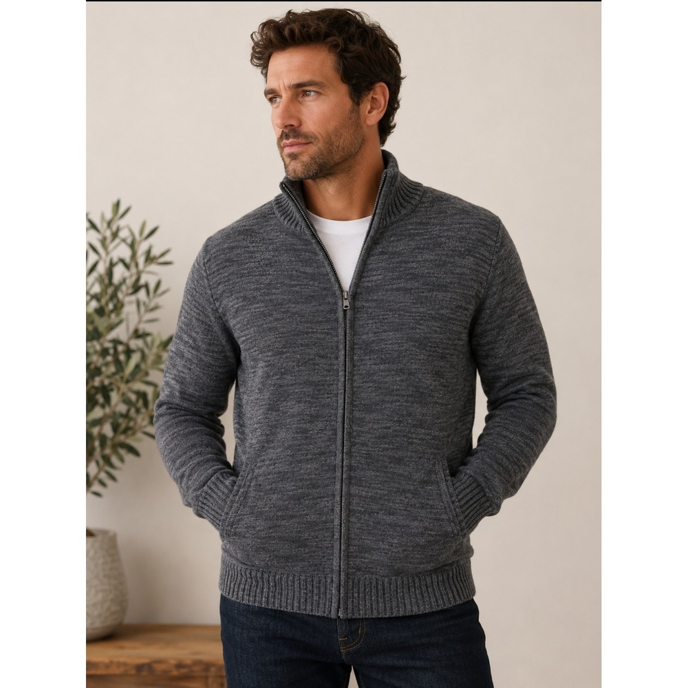 Tricots St Raphael Mens Charcoal Grey Marled Full Zip Mock Neck Sweater Large